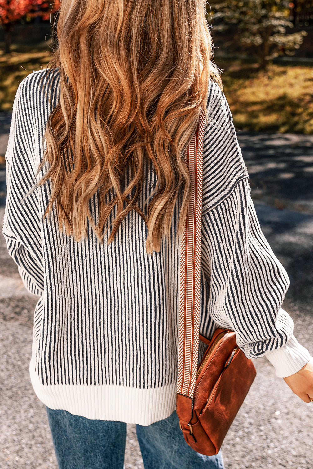 Dark Blue Striped Textured Knit Contrast Edge Loose Sweater