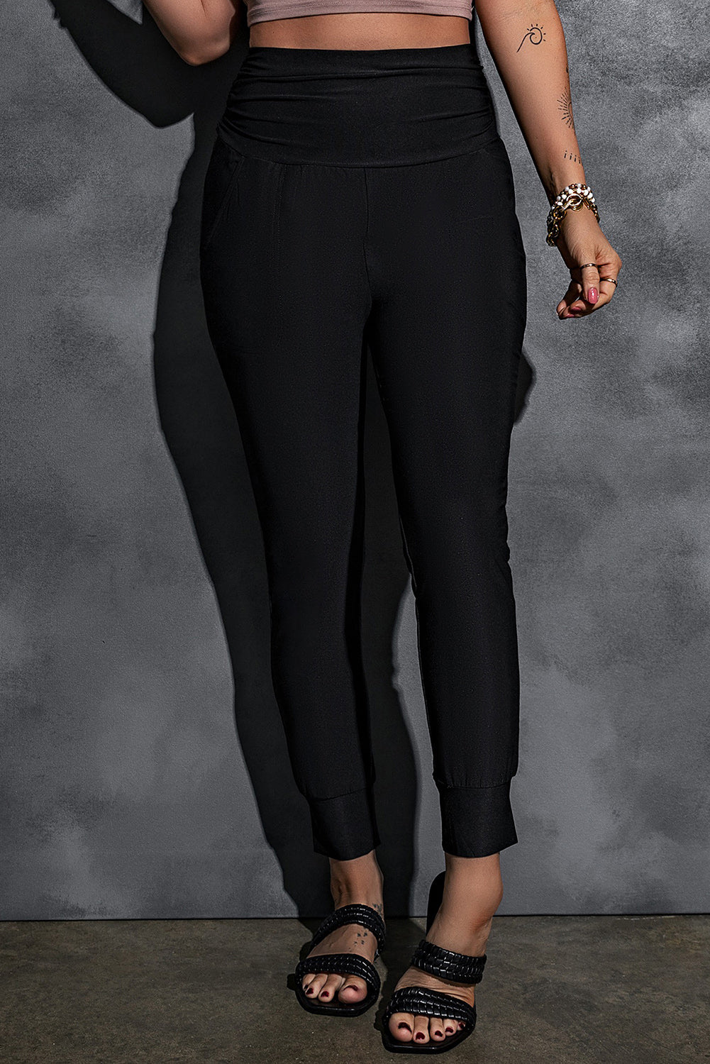 Gray High Waist Pleated Pocket Leggings