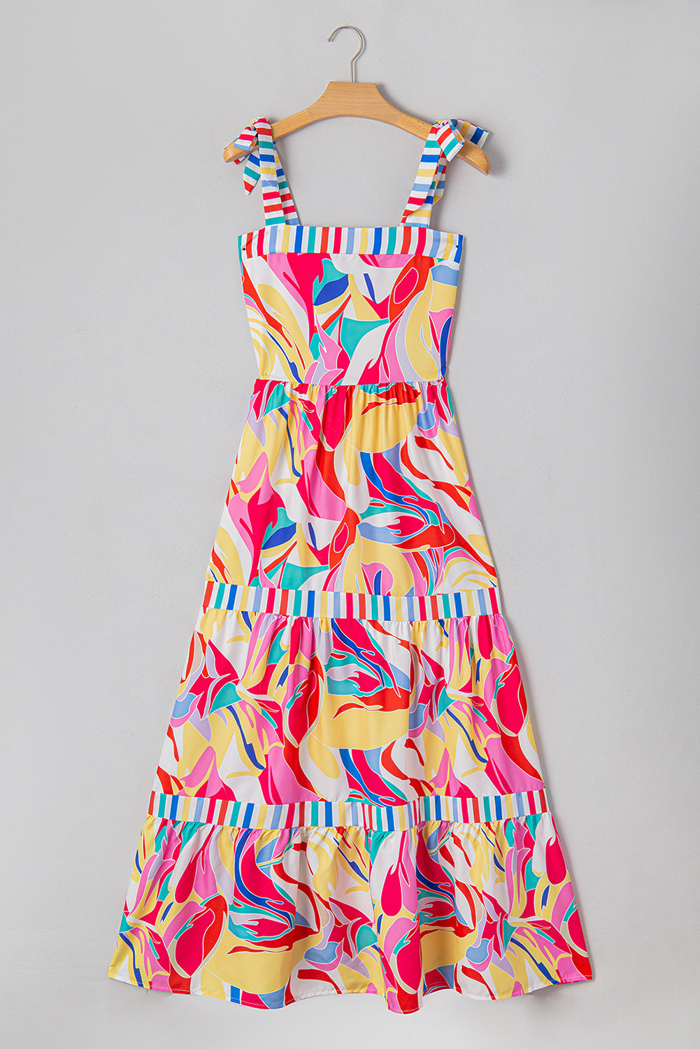 Multicolor Abstract Print Striped Trim Maxi Sundress