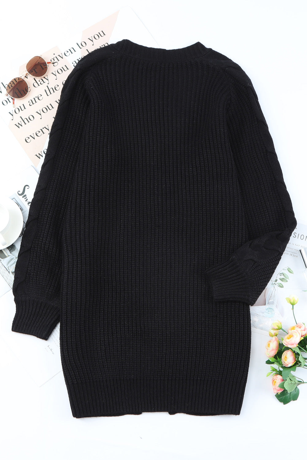 Khaki Open Front Cable Sleeve Long Cardigan