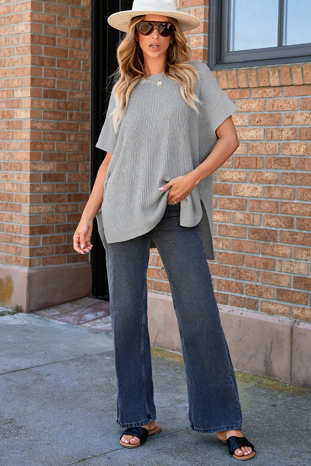 Haze Blue Short Sleeve Side Slit Oversized Sweater