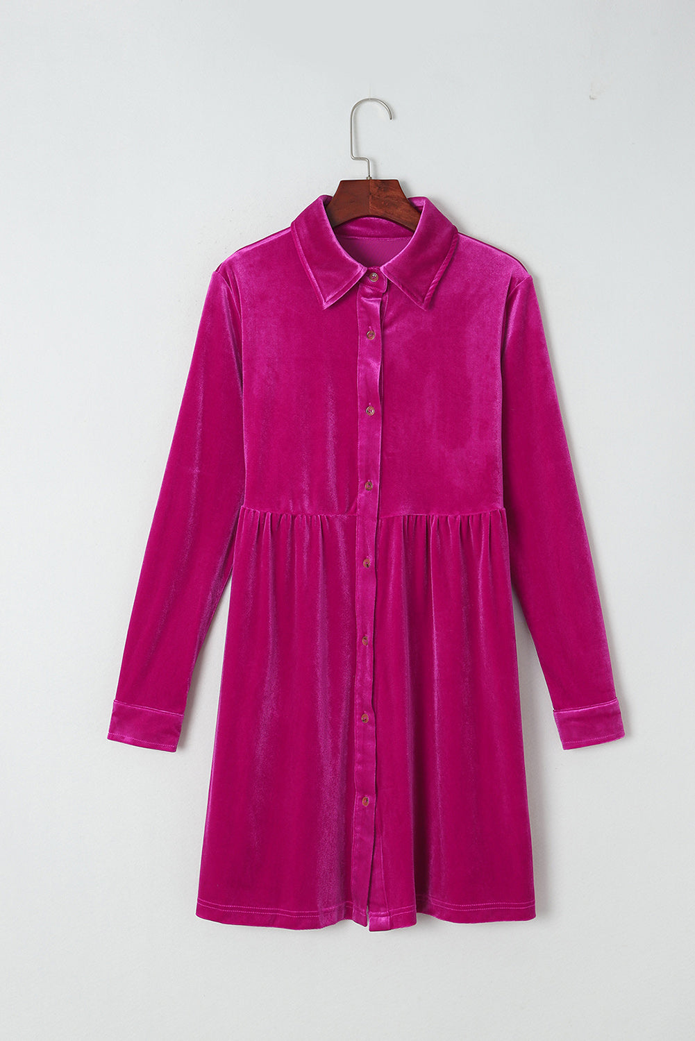 Green Long Sleeve Ruffle Velvet Button Up Dress