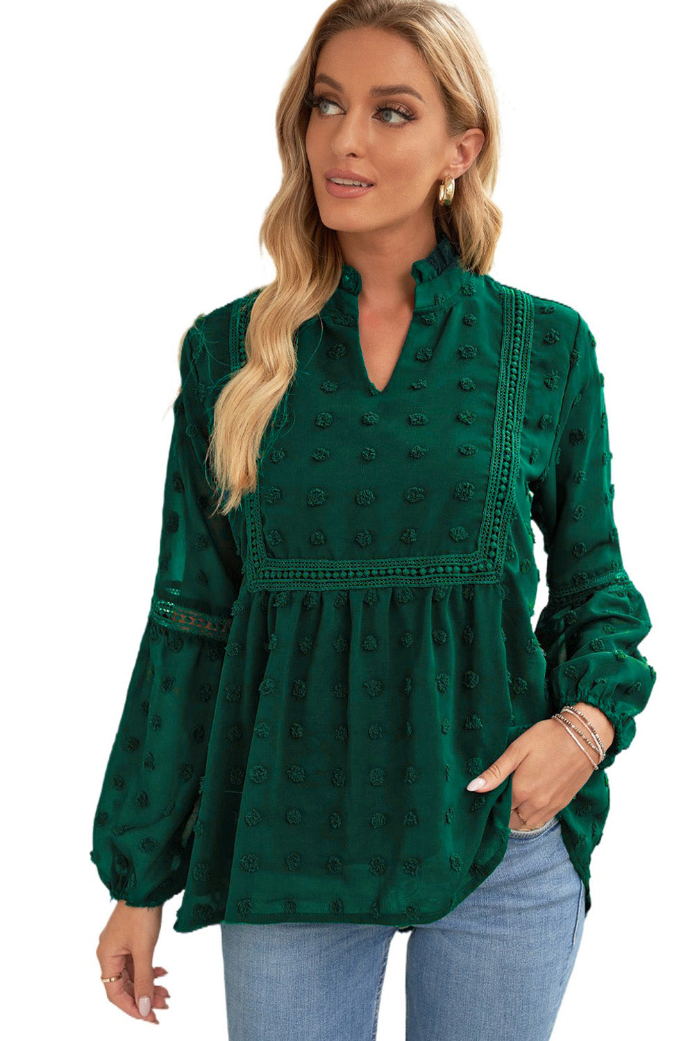 Blue Ruffled Split Neck Lace Hollow Out Puff Sleeve Polka Dot Blouse