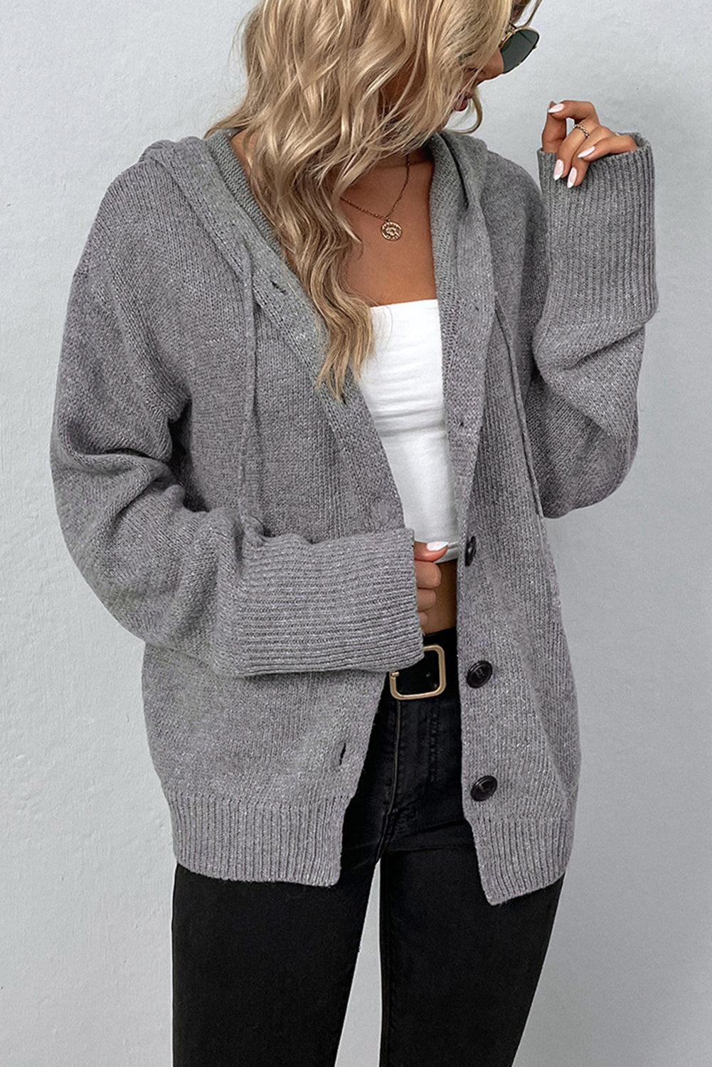 White Drawstring Hooded Button Up Drop Shoulder Sweater Cardigan