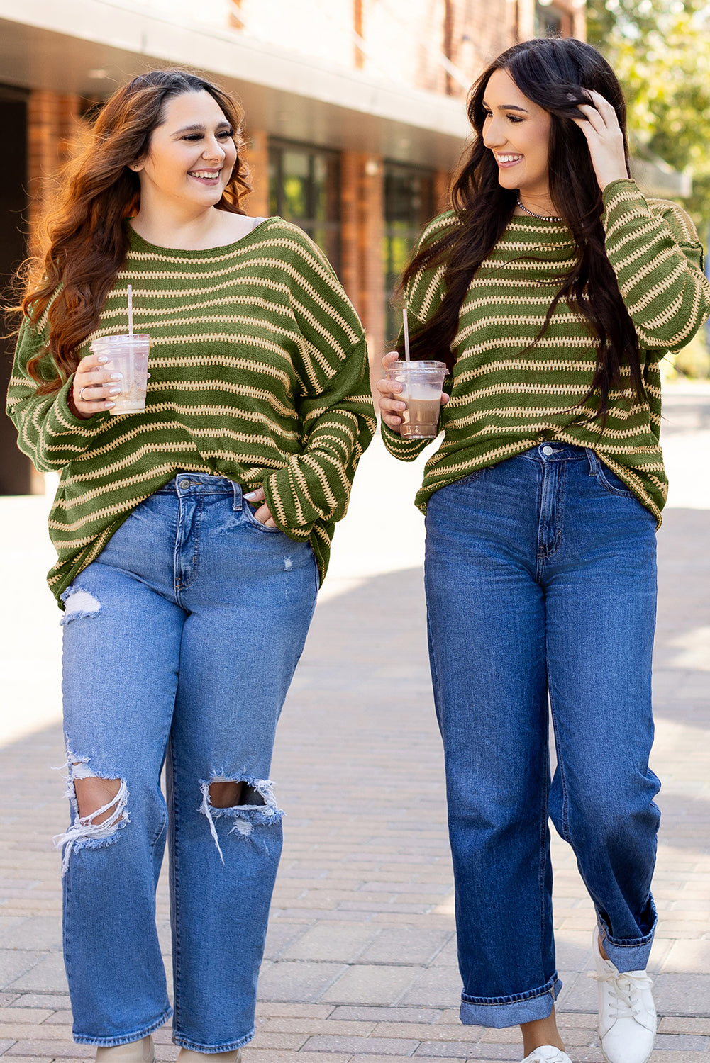 Khaki Stripe Drop Shoulder Casual Sweater