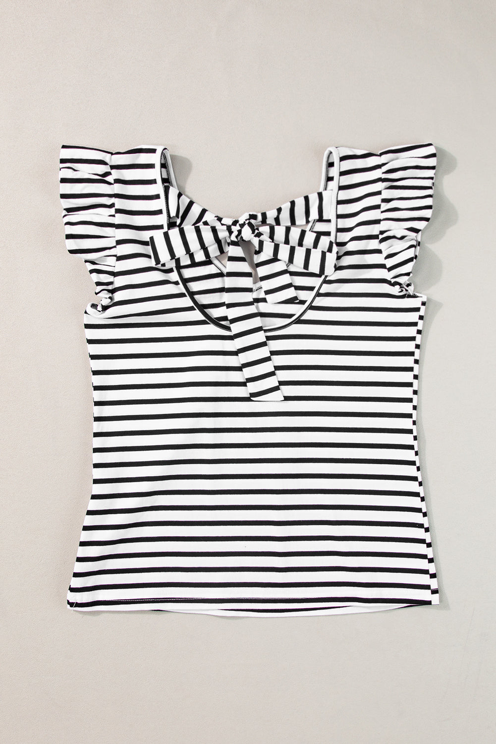 Pink Stripe Butterfly Sleeve V Neck Hollowed Knot Back T Shirt
