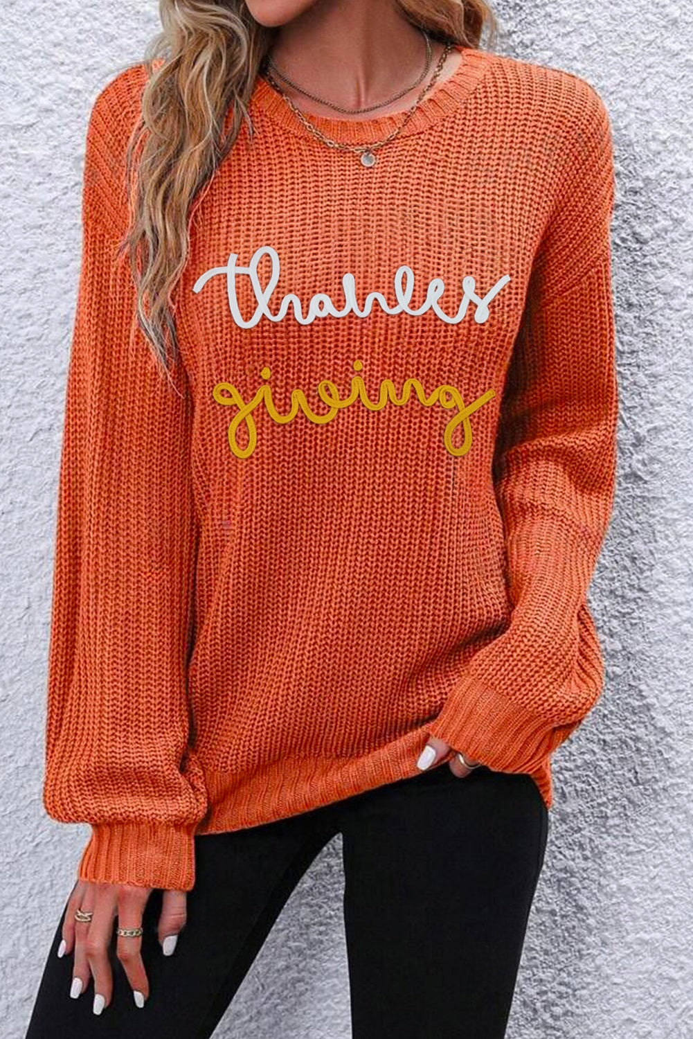 Red Sandalwood Thanks Giving Letter Graphic Crew Neck Sweater