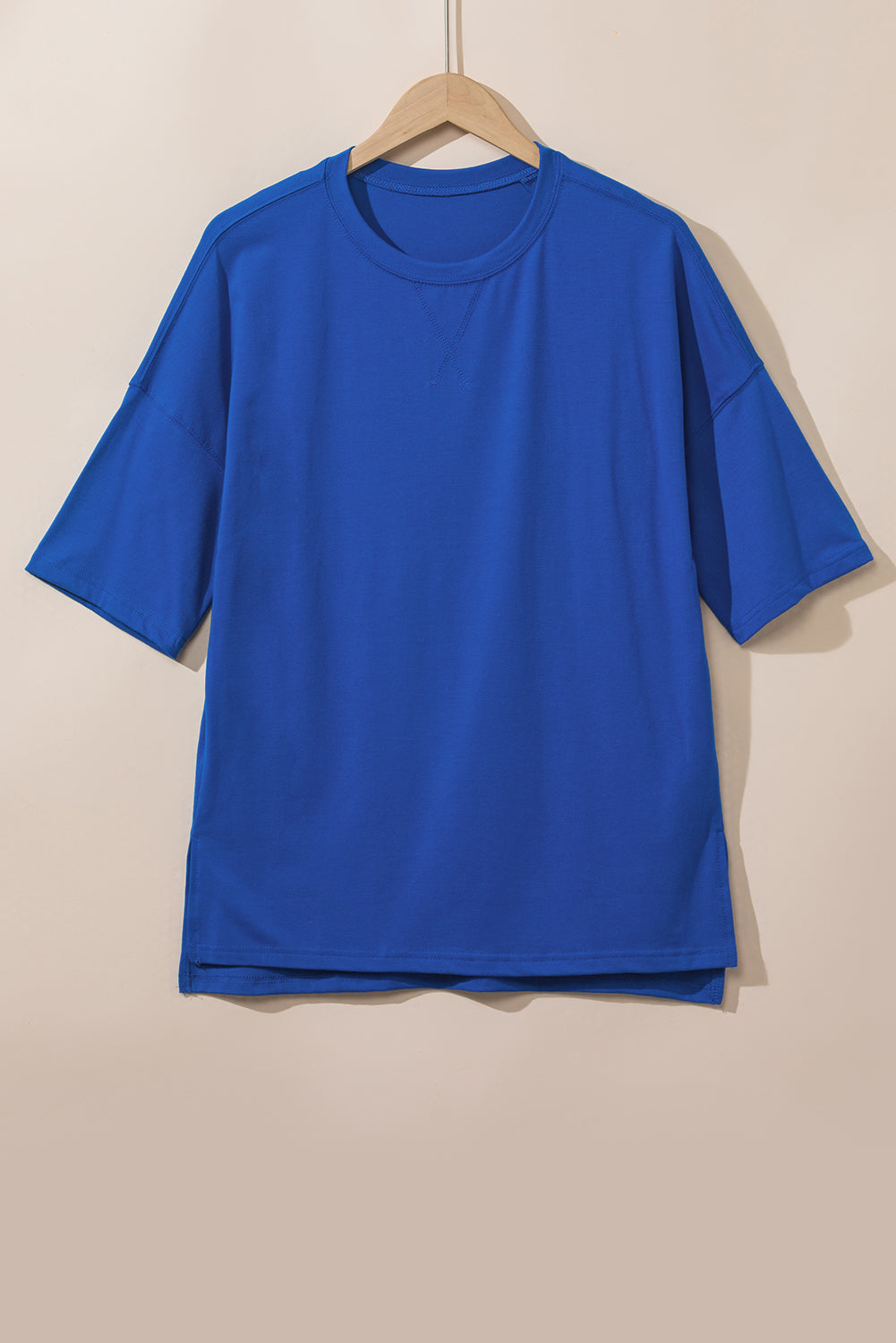 Rose Red Longline Short Sleeve Side Slit Drop Shoulder Top