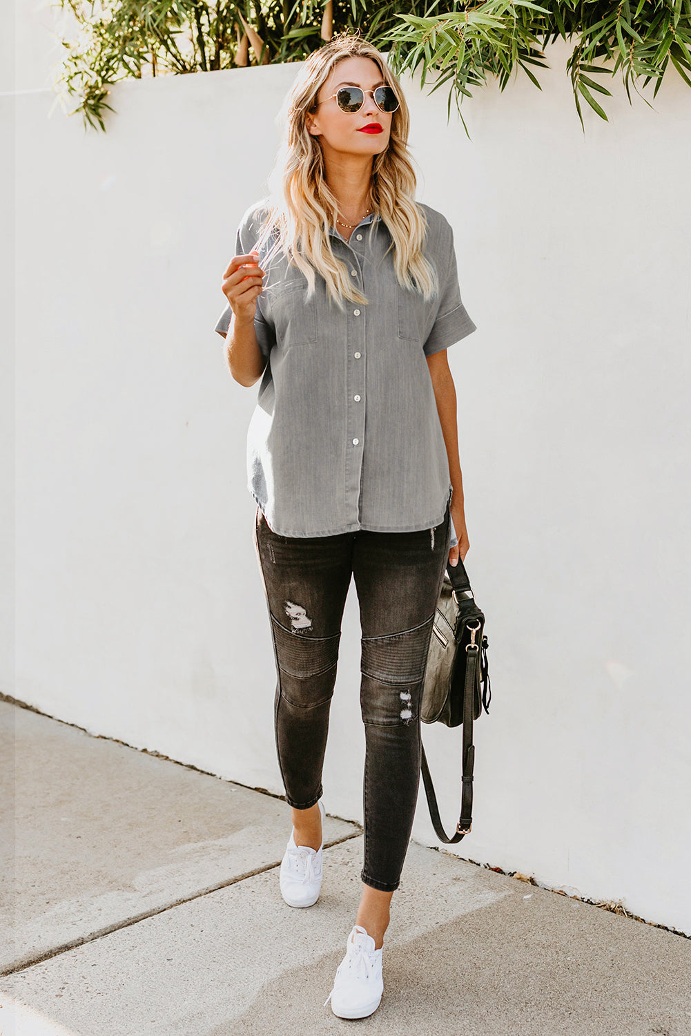 Green Turn-down Collar Short Sleeve Denim Shirt