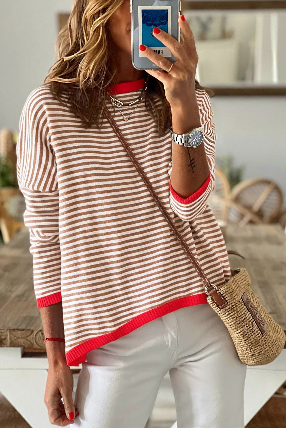 Fiery Red Contrast Trimmed Striped Drop Shoulder Sweater