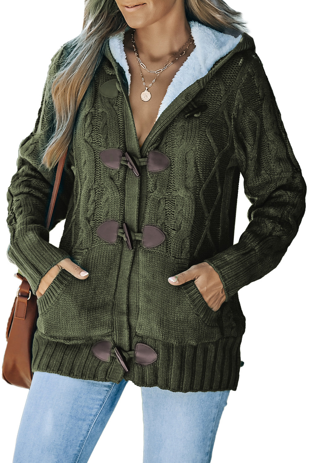 Fur Hood Horn Button Sweater Cardigan