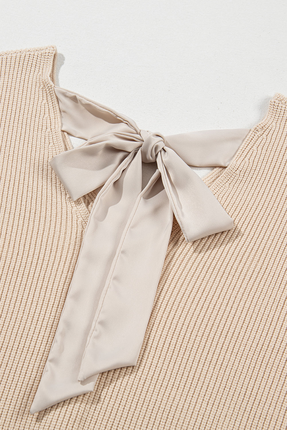 Coffee Lantern Sleeve V Neck Knot Back Sweater