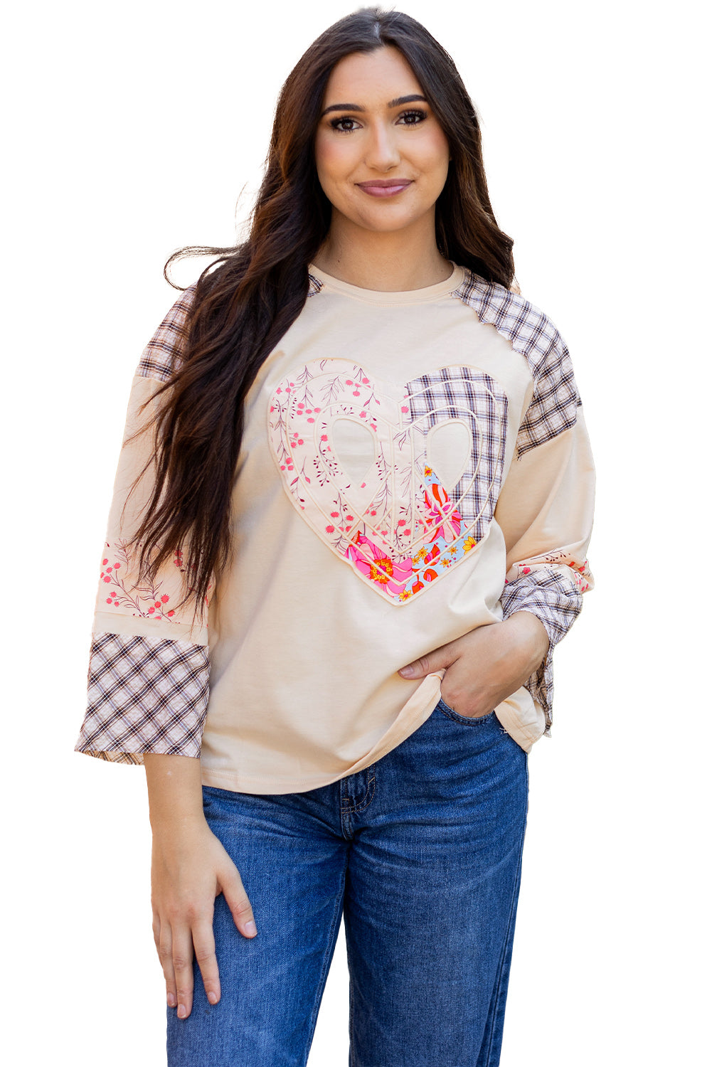 Clearly Aqua Plaid Floral Peace Heart Graphic Wide Long Sleeve Top