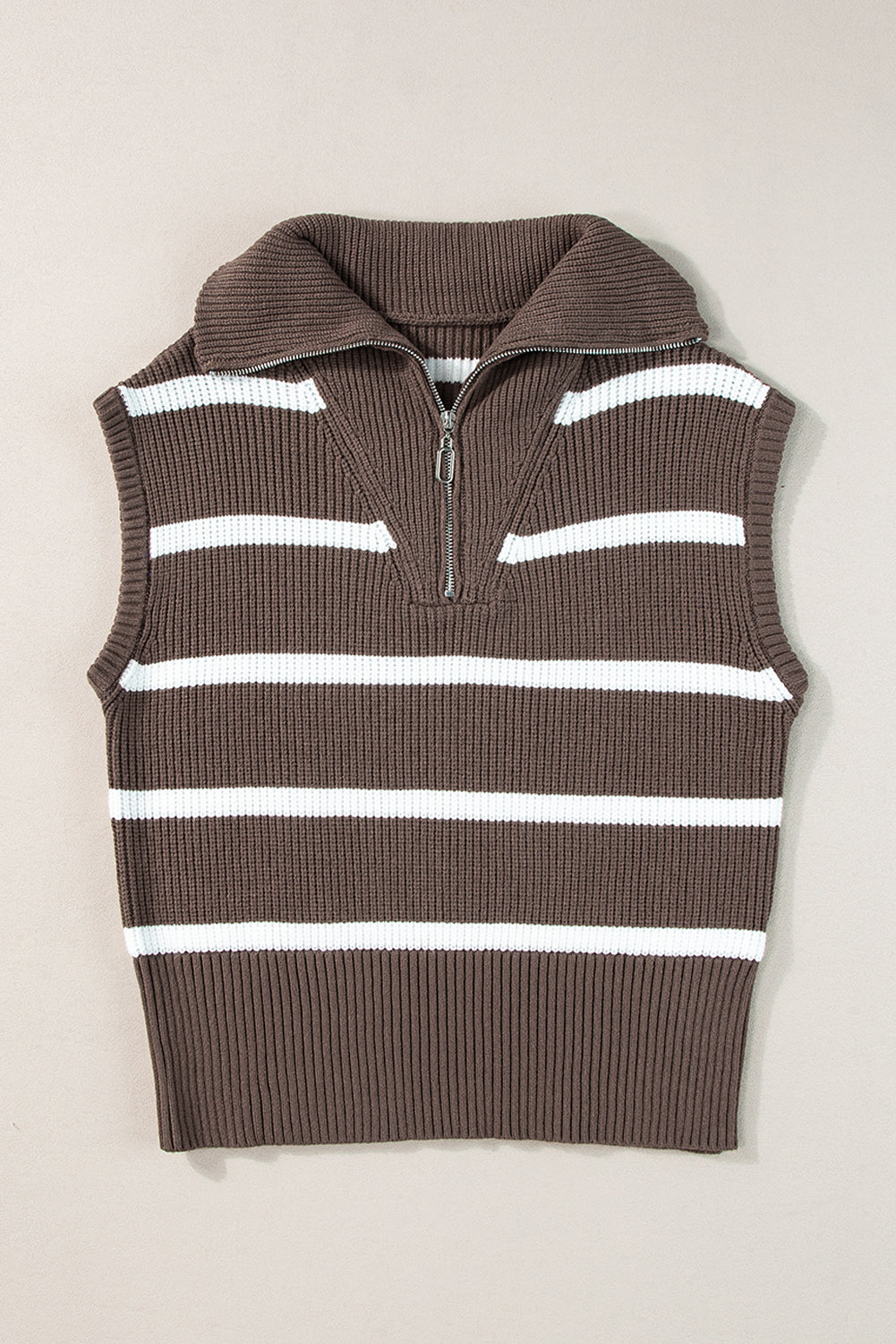 White Stripe Zipped Collar Cap Sleeve Knit Top