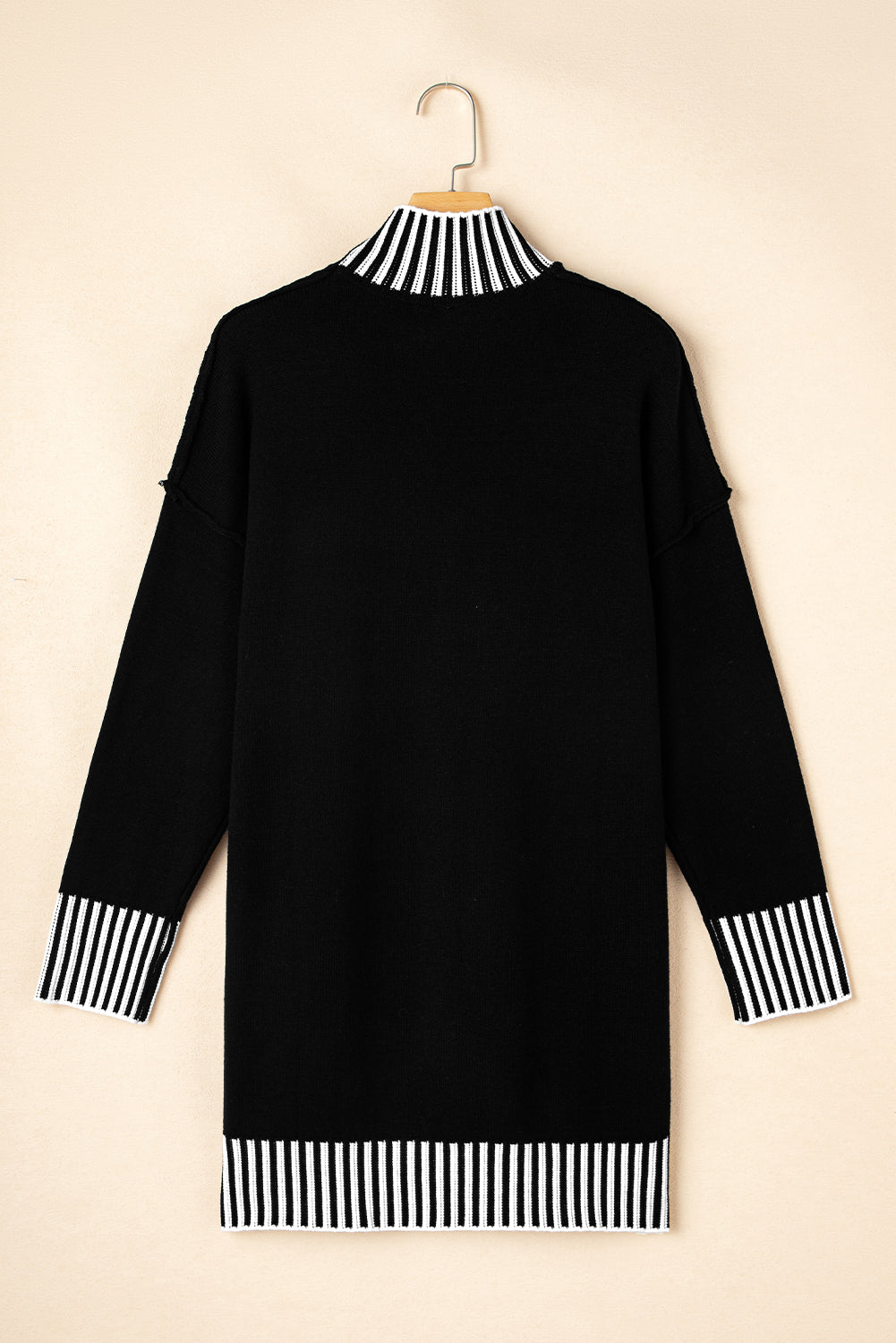 Black Striped Trim Mock Neck Dropped Long Sleeve Sweater Mini Dress