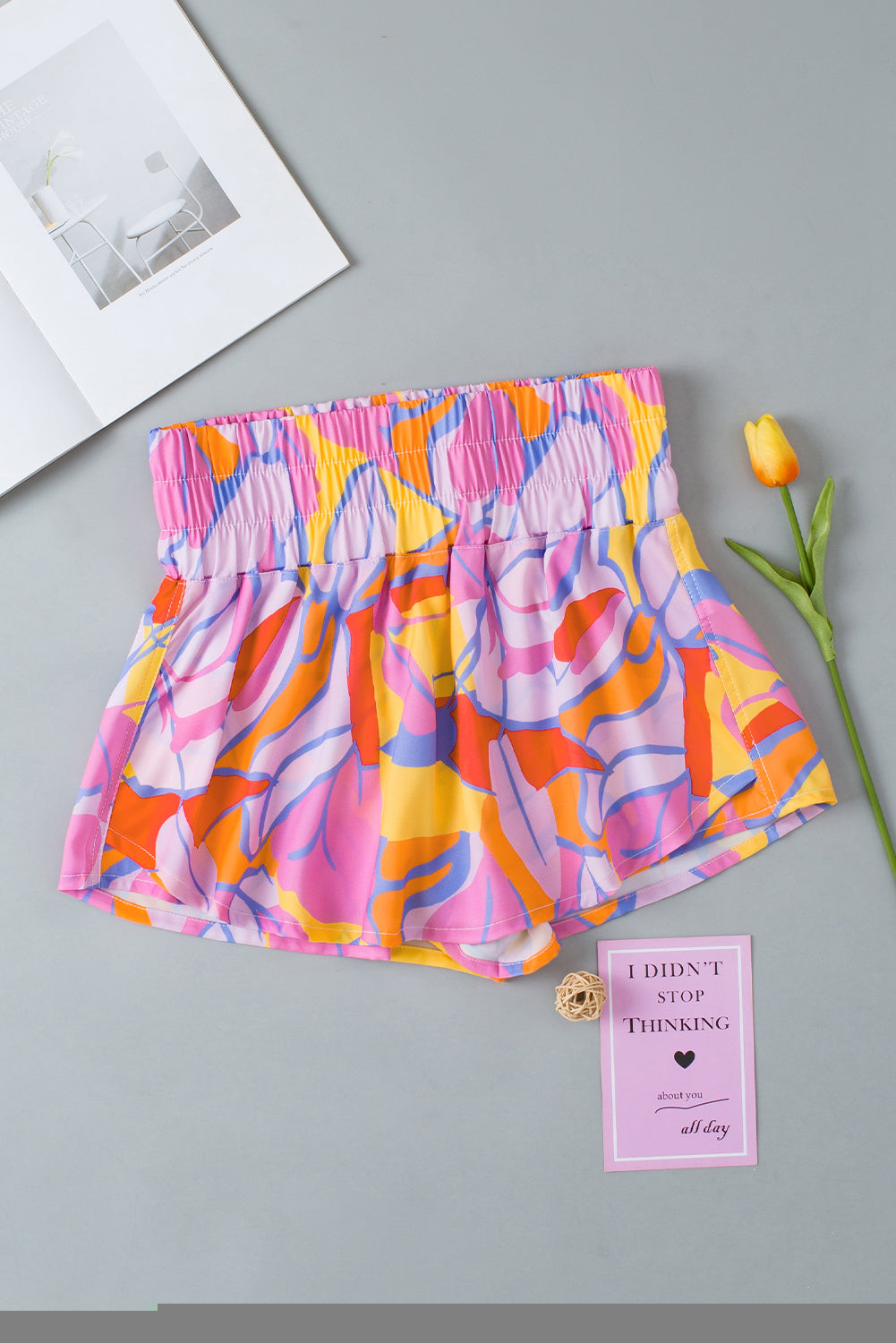 Purple Abstract Print Smock Waist Casual Shorts