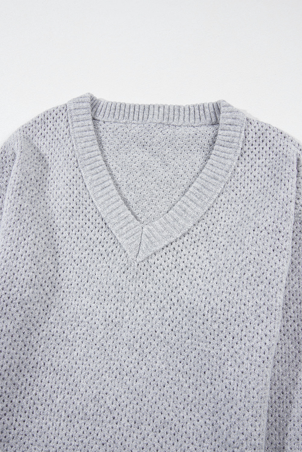 Jungle Green Loose Eyelet V Neck Drop Shoulder Sweater