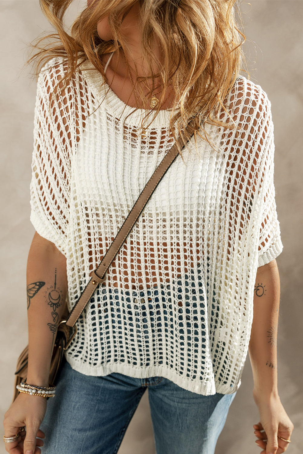Black Fishnet Knit Ribbed Round Neck Short Sleeve Sweater Tee