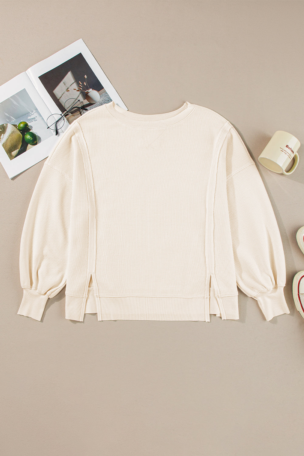 Gray Waffle knit Bishop Sleeve Split Oversized Top