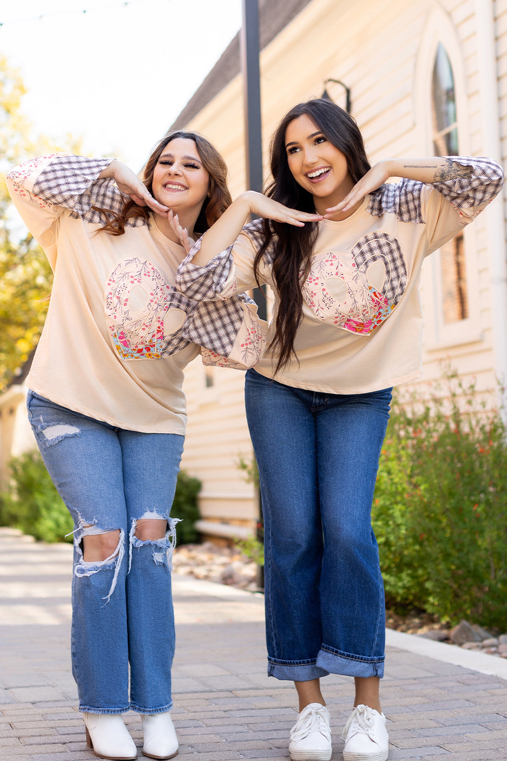 Clearly Aqua Plaid Floral Peace Heart Graphic Wide Long Sleeve Top