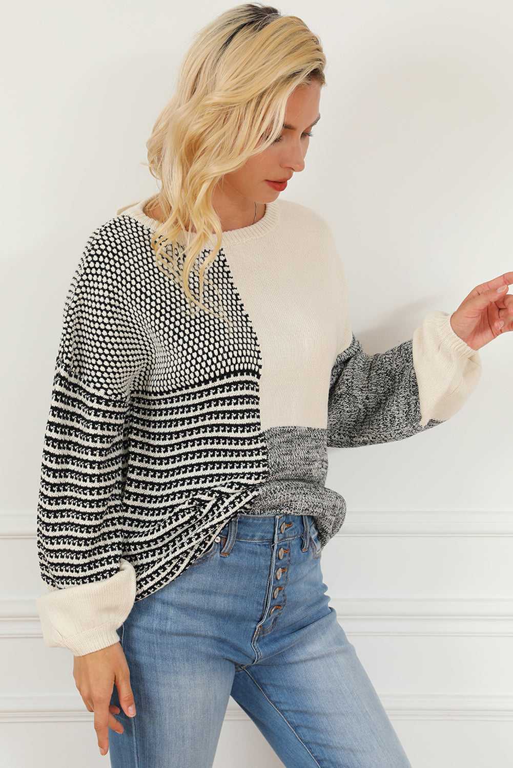 Bonbon Neutral Colorblock Tie Back Sweater