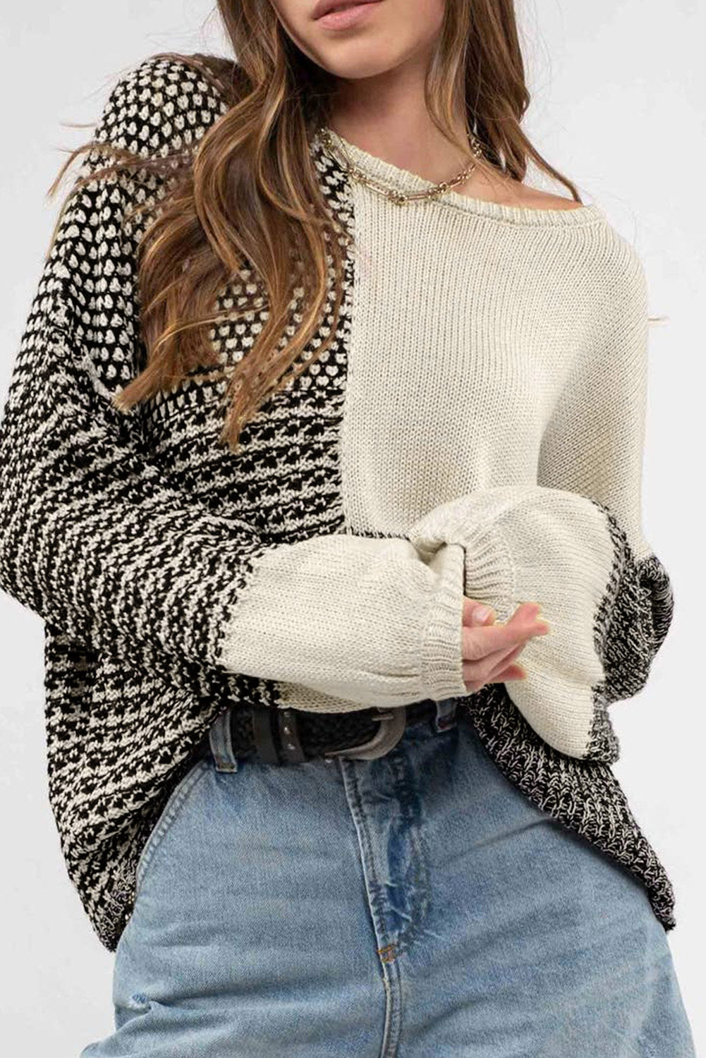 Bonbon Neutral Colorblock Tie Back Sweater