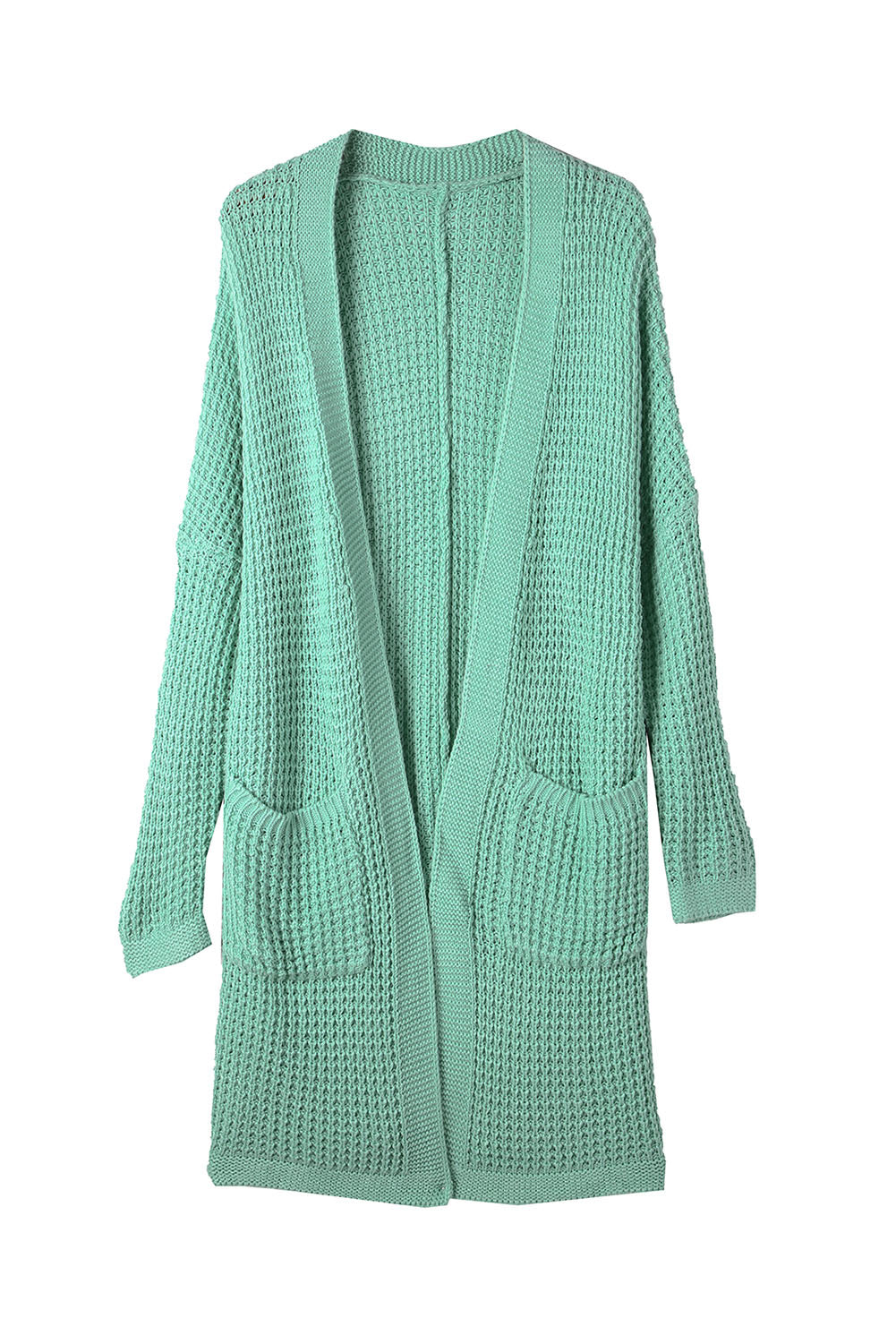 Green Long Line Open Front Knitted Cardigan with Pockets