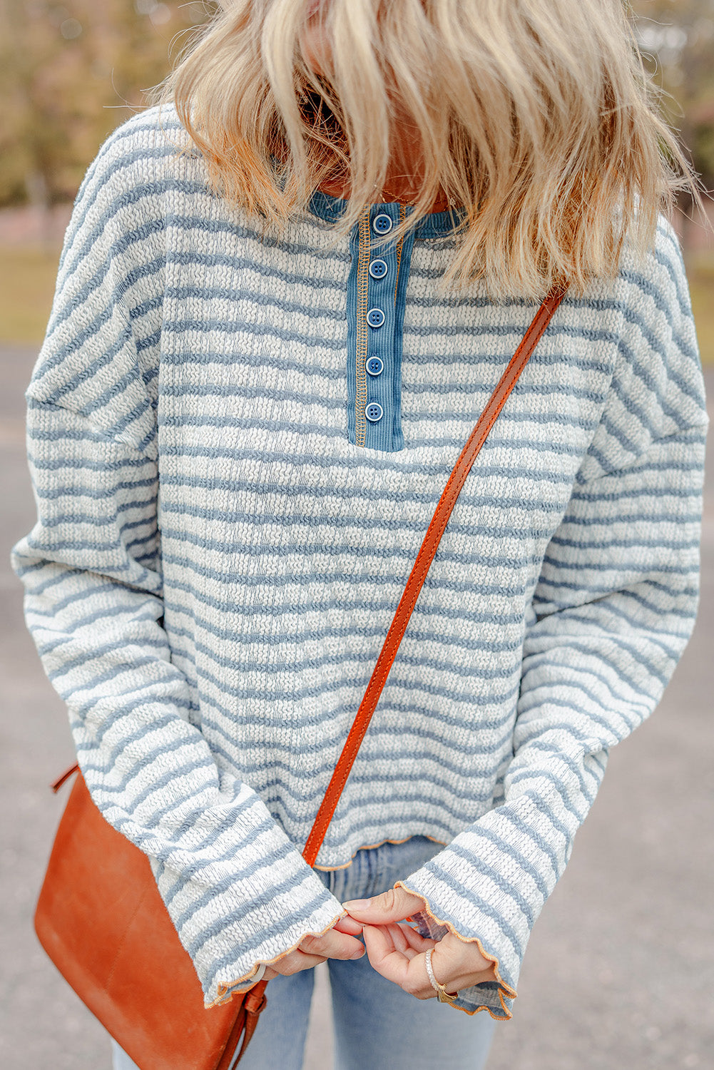 Green Stripe Textured Frilly Trim Buttons Henley Long Sleeve Top