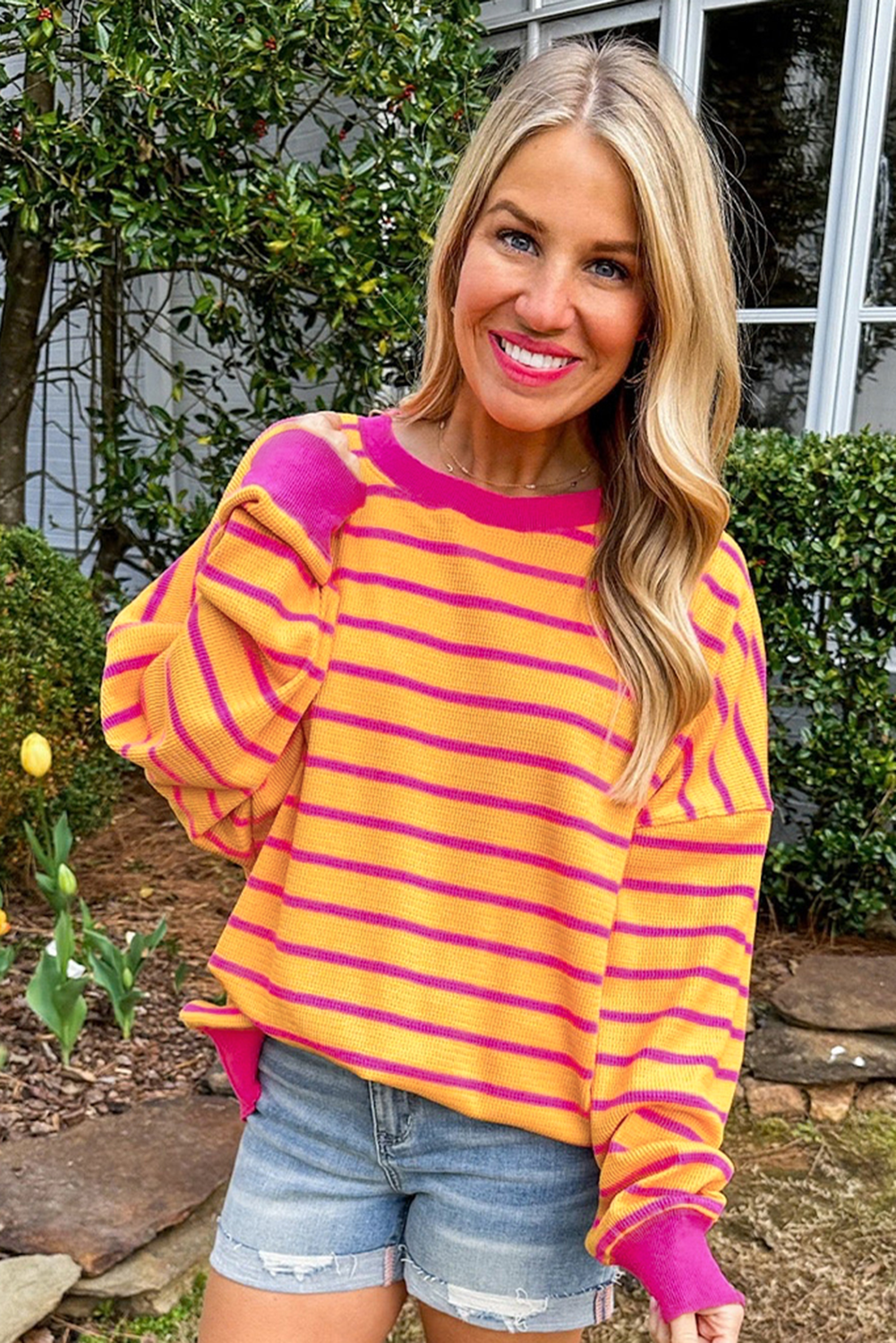 Pink Stripe Trimmed Round Neck Drop Shoulder Loose Sweater
