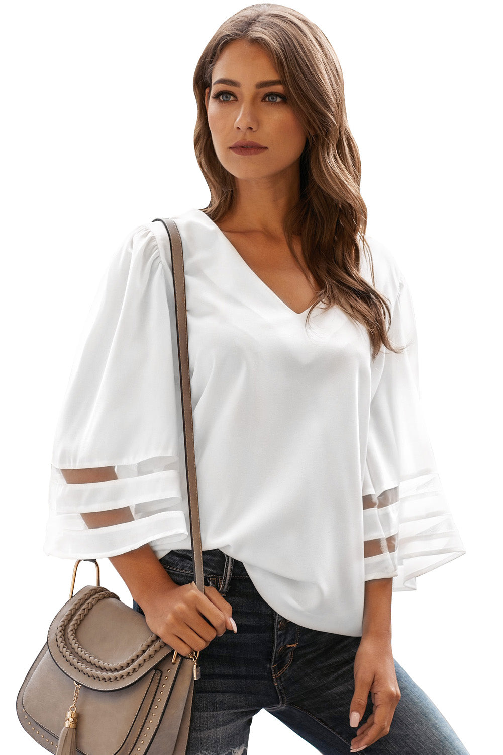 Green Flare Sleeve V Neck Loose Blouse