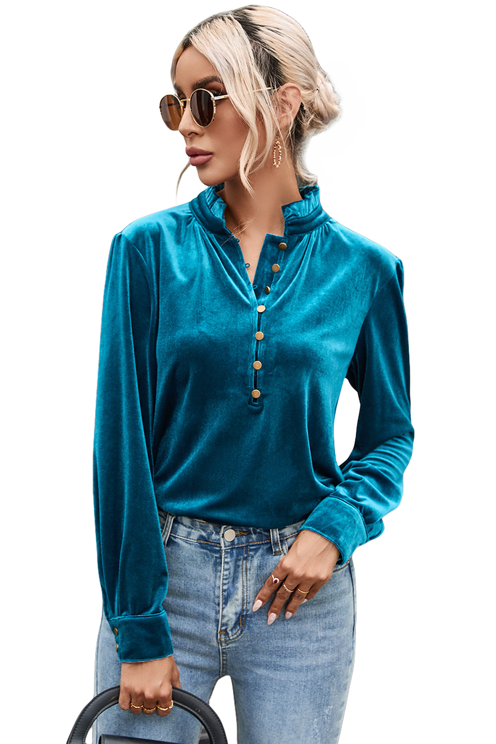 Desert Palm Frilled Neck Buttoned Front Velvet Top