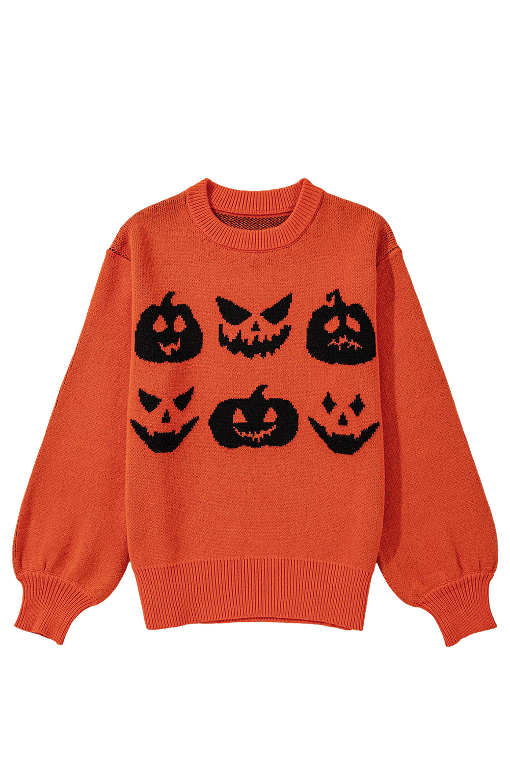 Black Halloween Pumpkin Face Pattern Drop Shoulder Sweater
