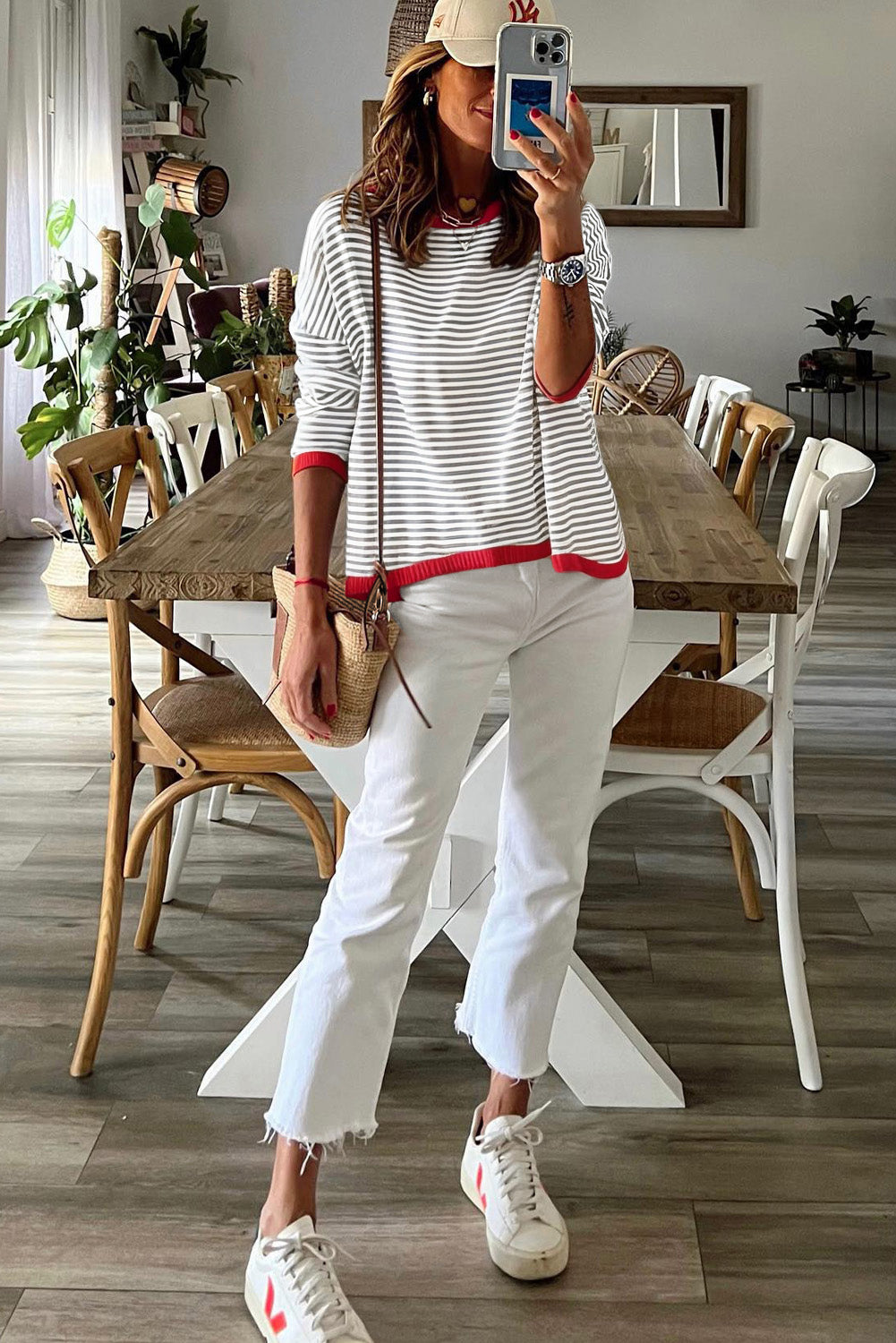 Fiery Red Contrast Trimmed Striped Drop Shoulder Sweater