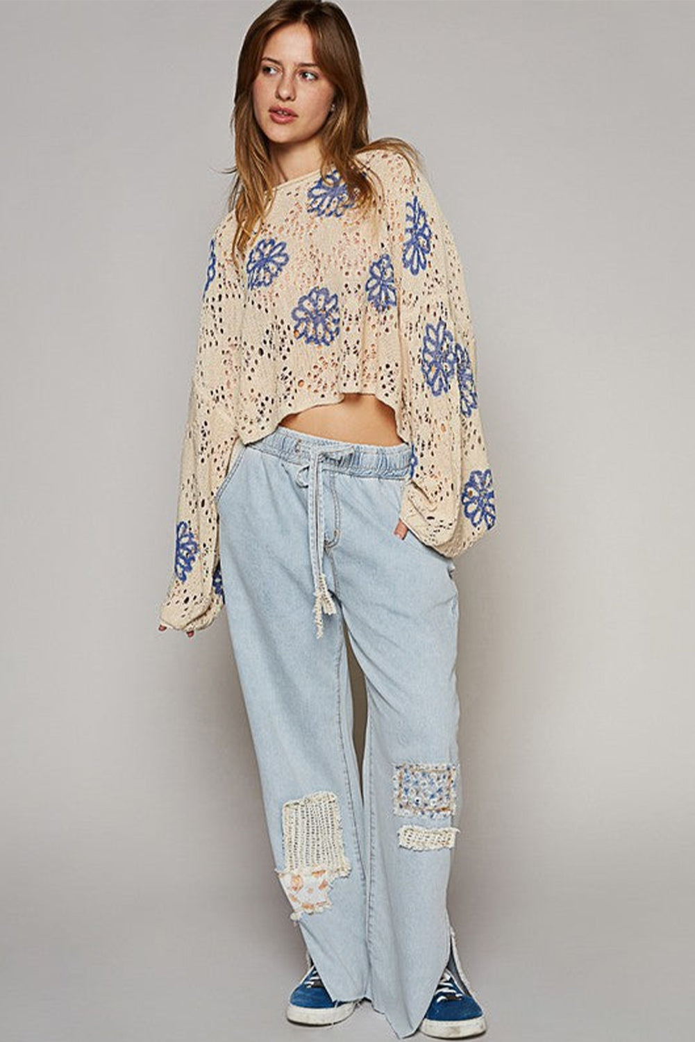 White Contrast Flower Print Eyelet Drop Shoulder Sweater