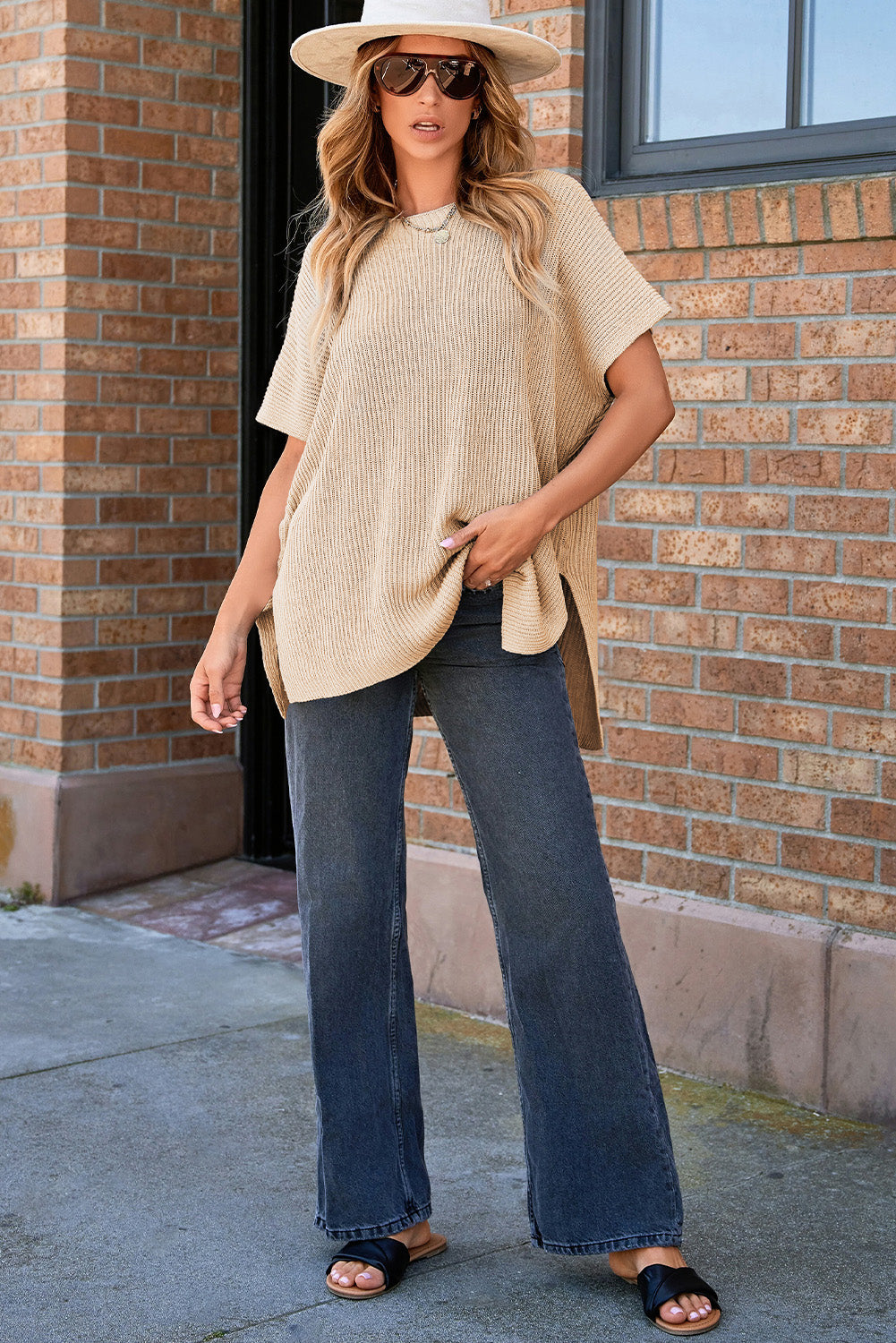 Haze Blue Short Sleeve Side Slit Oversized Sweater