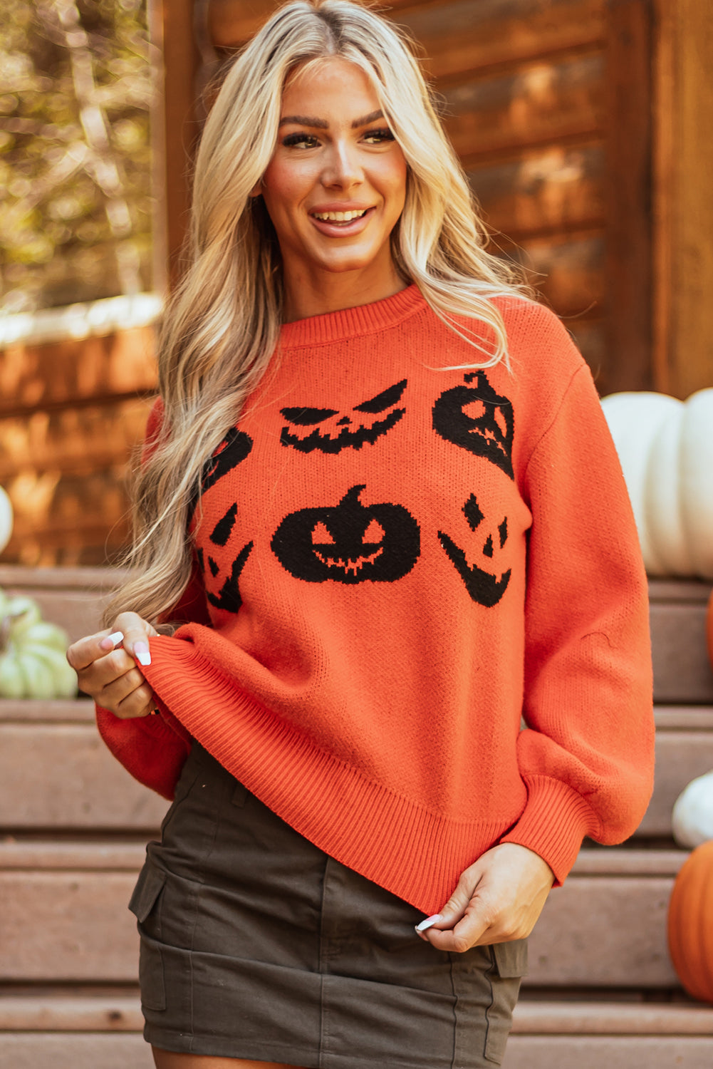 Black Halloween Pumpkin Face Pattern Drop Shoulder Sweater