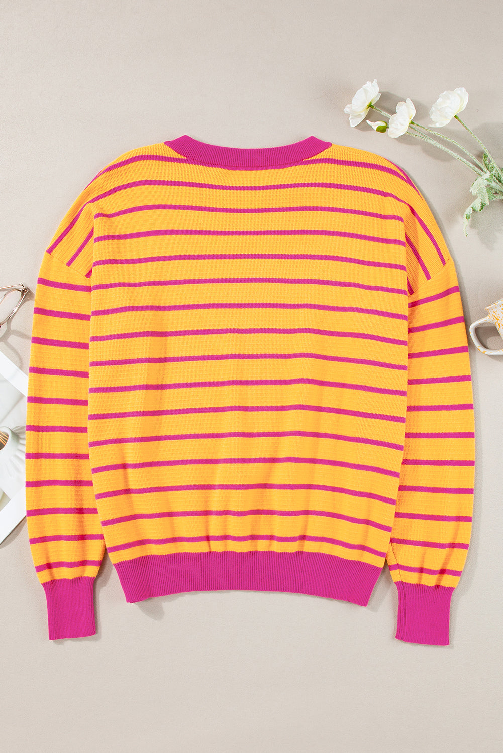 Pink Stripe Trimmed Round Neck Drop Shoulder Loose Sweater