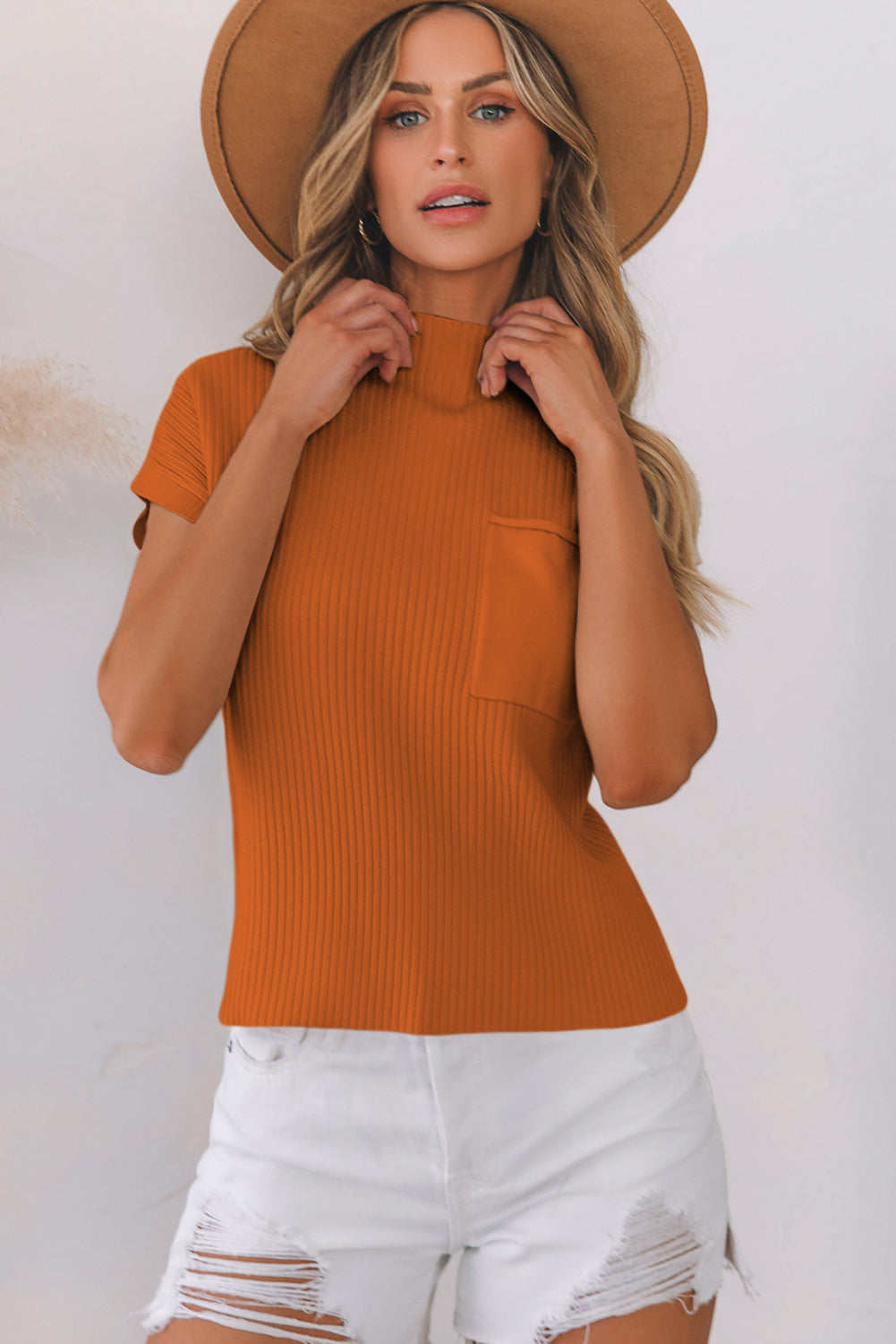 Beau Blue Patch Pocket Ribbed Knit Short Sleeve Sweater