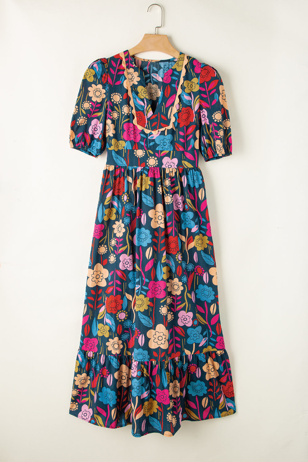 Black Retro Floral Printed Split Neck Maxi Dress