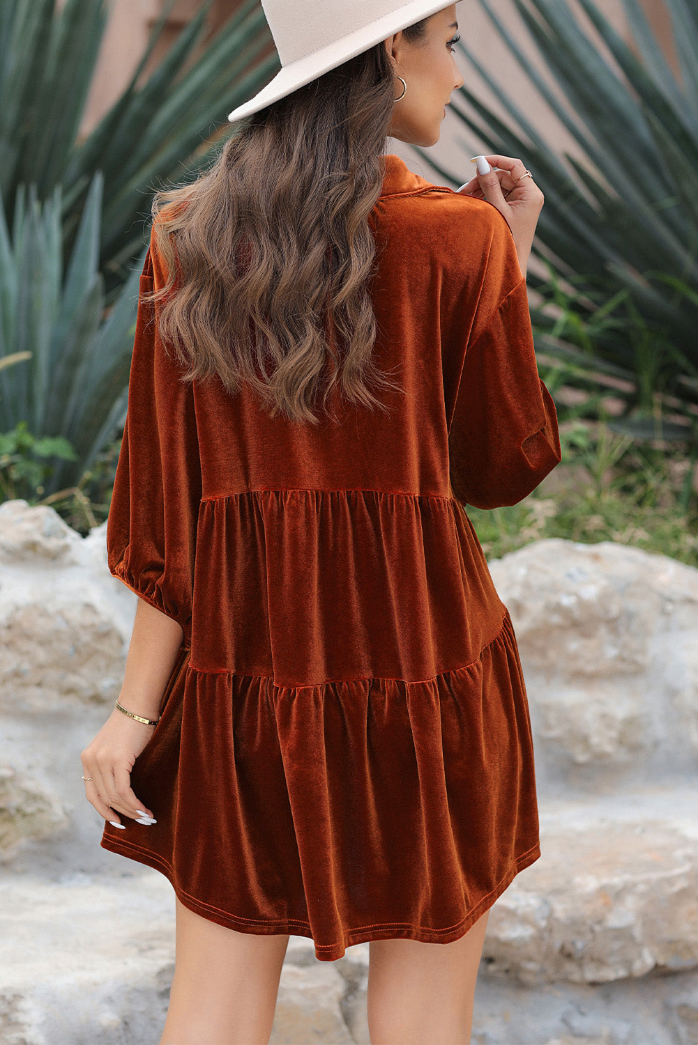 Pale Khaki 3/4 Sleeve Tunic Babydoll Velvet Shirt