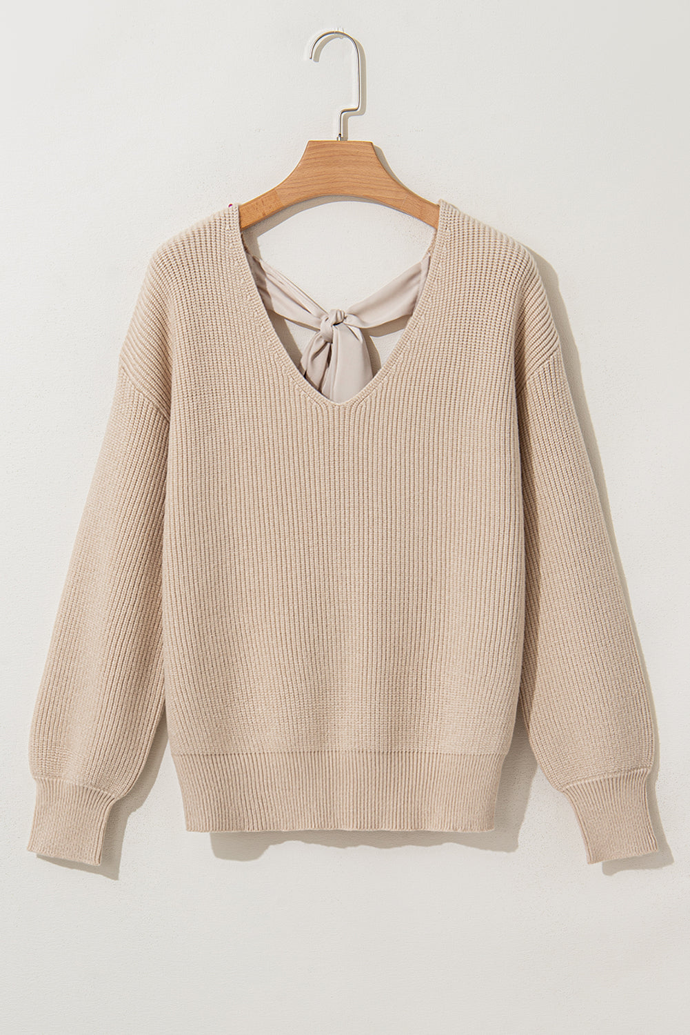 Coffee Lantern Sleeve V Neck Knot Back Sweater