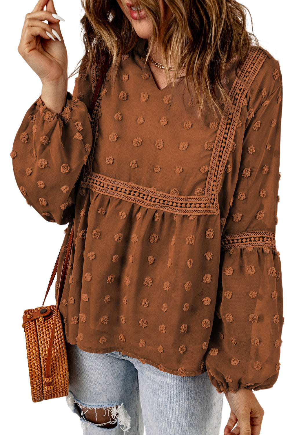 Blue Ruffled Split Neck Lace Hollow Out Puff Sleeve Polka Dot Blouse