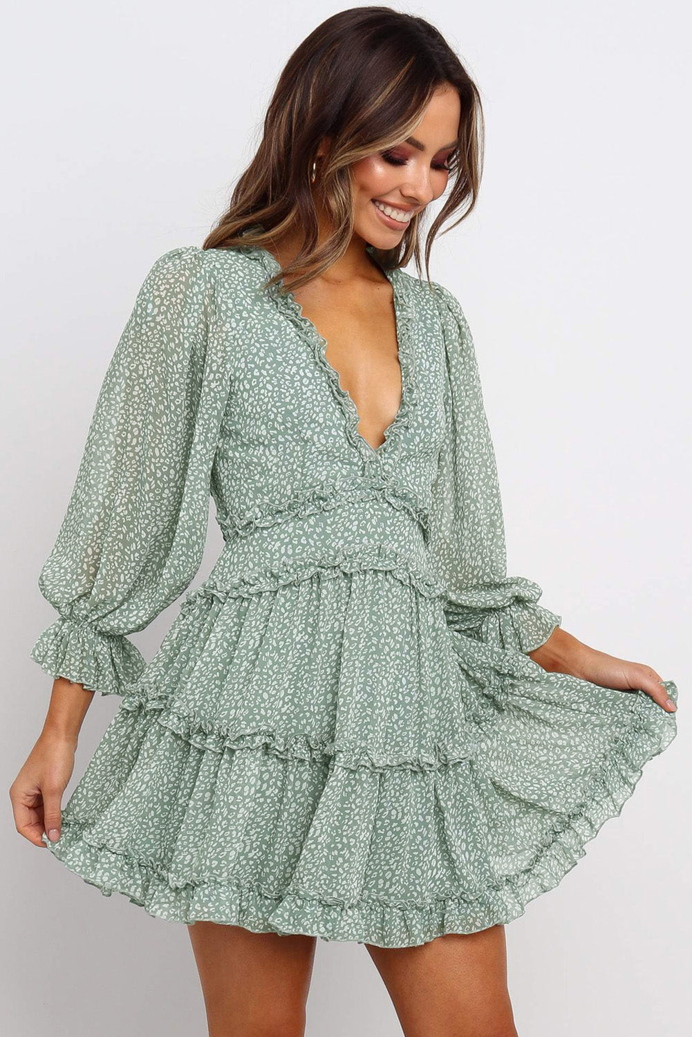 Blue Ruffle Detailing Open Back Floral Dress