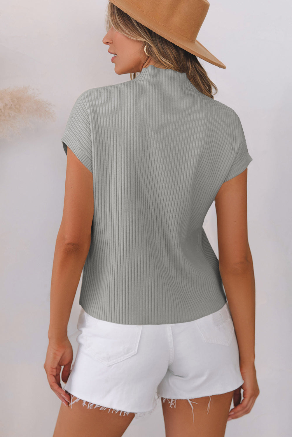 Beau Blue Patch Pocket Ribbed Knit Short Sleeve Sweater