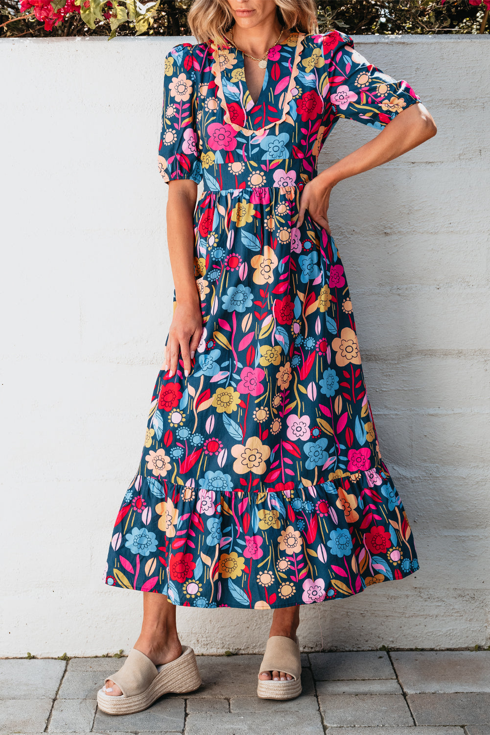 Black Retro Floral Printed Split Neck Maxi Dress