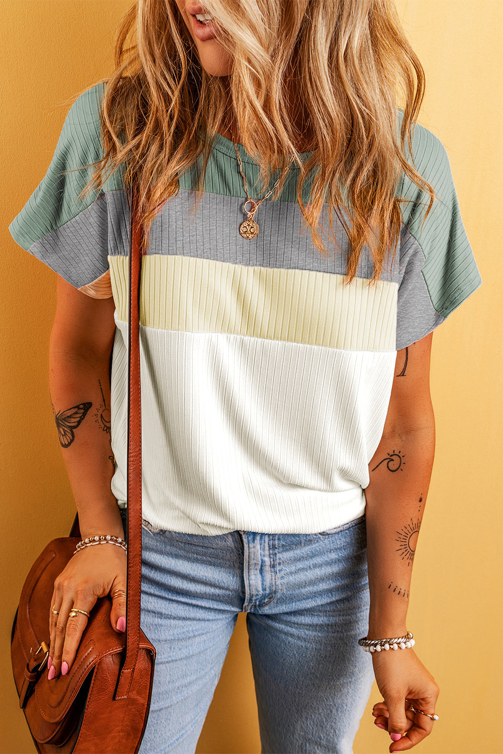 Gray Ribbed Color Block Patchwork T-shirt