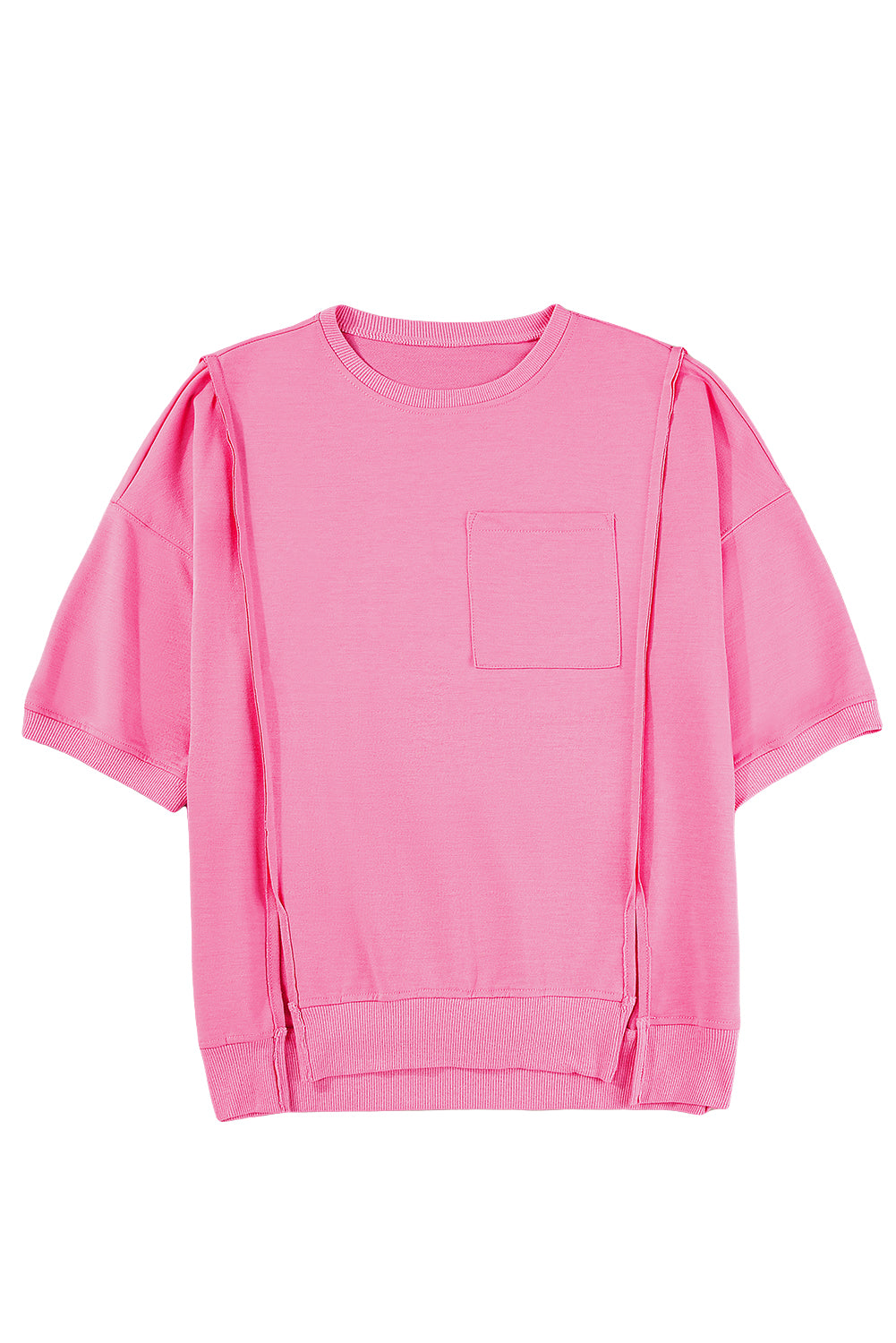 Light Grey Exposed Seam Chest Pocket Split Loose T Shirt