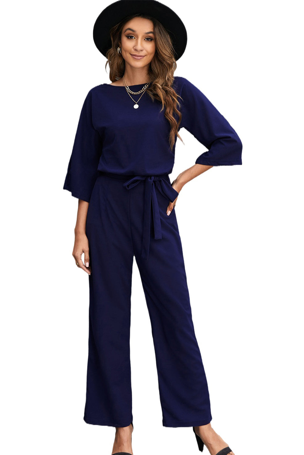 Blue Bracelet Sleeve Waist Tie Wide Leg Jumpsuit