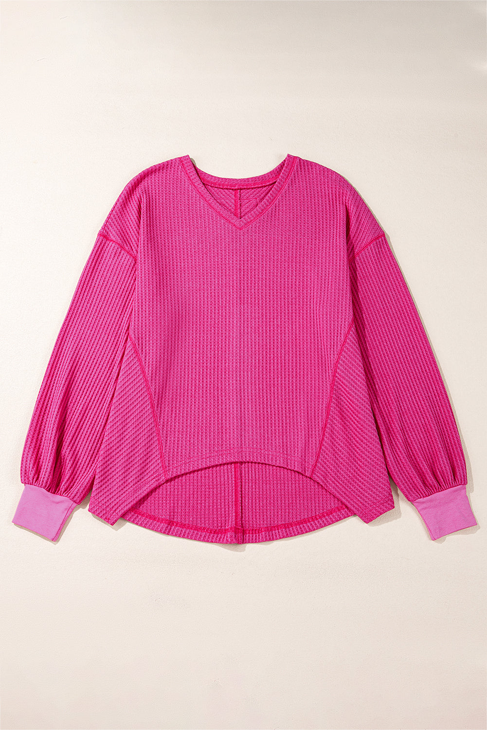 Orchid Petal Waffle V Neck Long Sleeve Drop Shoulder Loose Blouse