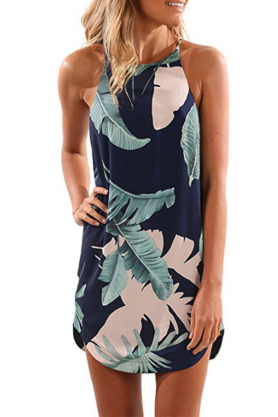 Palm Tree Leaf Print Navy Sleeveless Dress